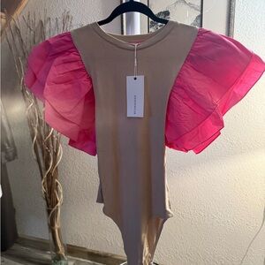 Annie Tan Bodysuit with Vibrant Pink Sleeves